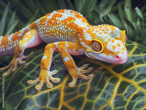 A tokay gecko is sitting on a leaf.
