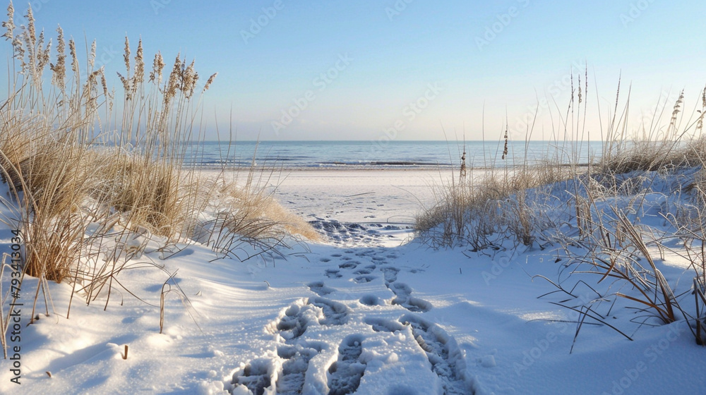 Footprints on beach covered with snow