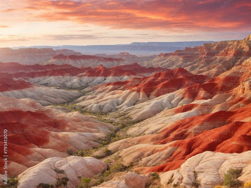 Breathtaking view of canyon landscape unfolds, where first light of dawn paints mesmerizing picture of natures grandeur.