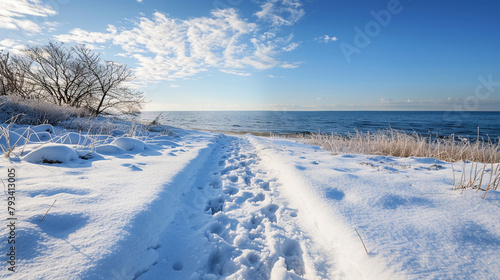 Foot prints on beach covered with snow