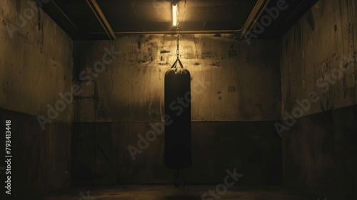 Punching bag hanging from the ceiling in a dimly lit room. generative ai photo