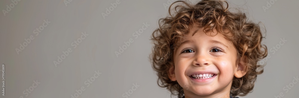 Cheerful Child with Curly Hair and a Happy Smile - Youthful Innocence and Joy on Light Background, Copy Space Cheerful Child with Curly Hair and a Happy Smile - Youthful Innocence and Joy on Light Background, Copy Space