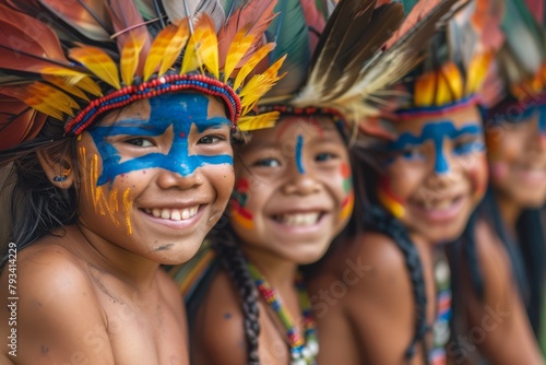 Indigenous Children with Tribal Paint and Feather Headdresses - Joy and Heritage in Cultural Celebration