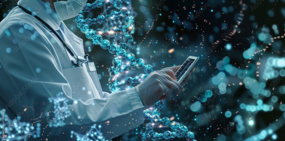 Futuristic Healthcare Professional Analyzing DNA Strand with Digital Tablet