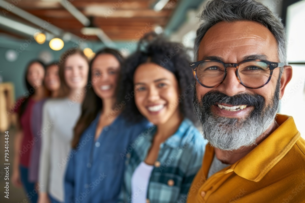 Cheerful diverse business people standing together in office. Group of diverse business people smiling and looking at camera. Cheerful diverse business people standing together in office. Group of diverse business people smiling and looking at camera.