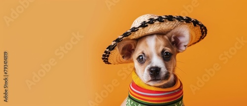 Adorable Puppy in Sombrero and Striped Scarf, Mexican Culture Fashion