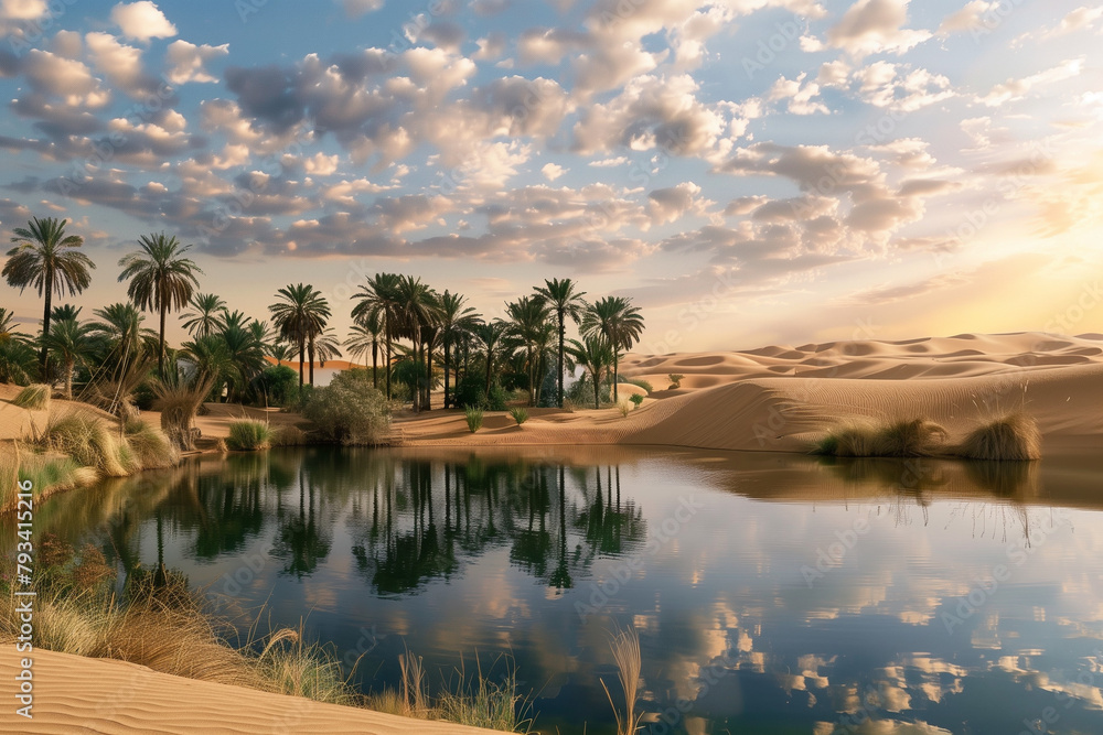 Oasis in the desert, sunrise in a landscape with copy space of vegetation between sand and water with miraculous reflection wallpaper
