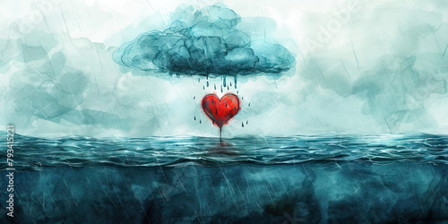 Grief: The Raincloud and Drowning Heart - Imagine a raincloud hovering over a heart submerged in water, illustrating the drowning feeling of grief