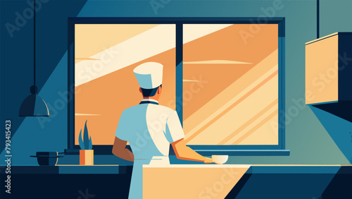 A sunlit kitchen window illuminating a blank canvas where a chef is busy creating a masterpiece of textures and flavors using only the finest