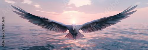eagle with silver wings flying over the ocean photo