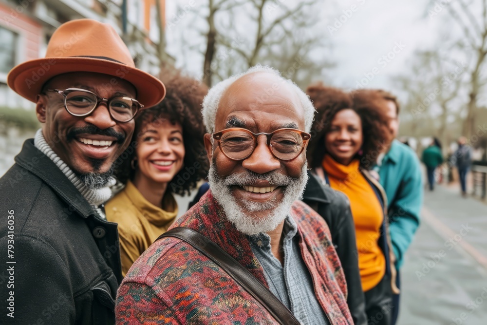 Portrait of smiling senior man with african american friends in the background Portrait of smiling senior man with african american friends in the background