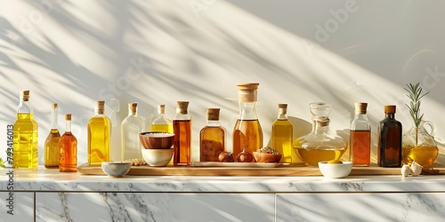 high-resolution photograph featuring various types of cooking oils and their containers arranged neatly on a kitchen countertop