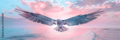 eagle with silver wings flying over the ocean