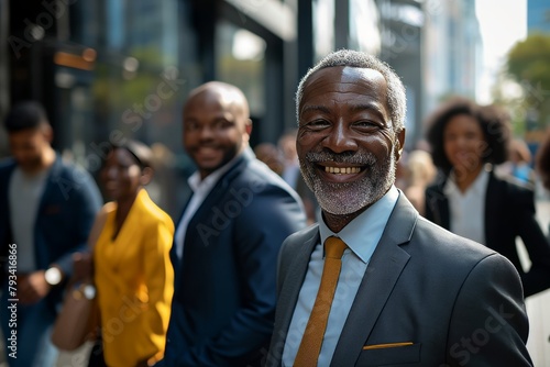 Portrait of a senior African businessman with his team in the background