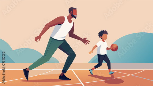 A father and son chasing each other around a basketball court both with big grins on their faces. The sound of the bouncing ball and the squeak