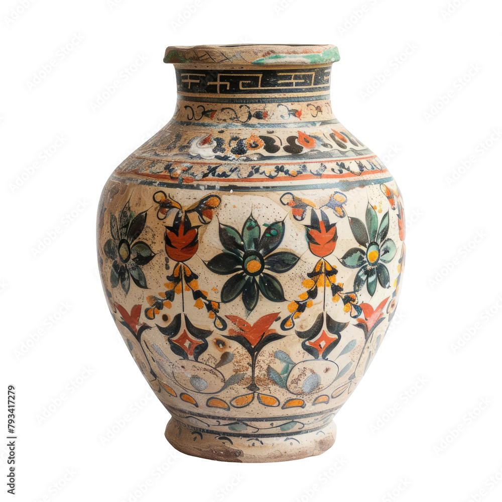 A pottery jar from Thailand stands alone against a transparent background A pottery jar from Thailand stands alone against a transparent background