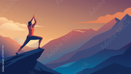 As the cool mountain breeze gently rustles their hair a person flows through a series of dynamic yoga poses atop a rocky peak. The challenging