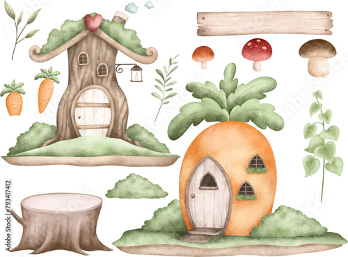 Watercolor Illustration Rabbits and Cute House at Garden
