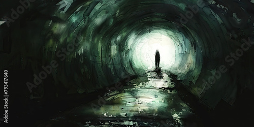 Despair  The Dark Tunnel and Dim Light - Visualize a dark tunnel with a dim light at the end  illustrating the feeling of despair with a glimmer of hope