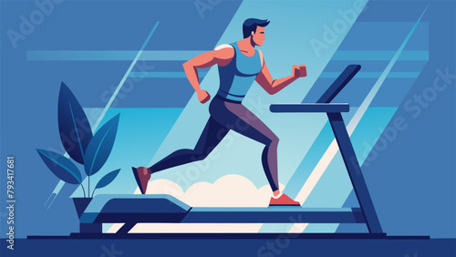 A man running on a treadmill his muscles shown in great detail as he pushes himself to go faster and farther. The background showcases other