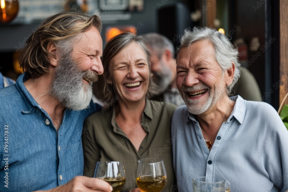 Senior couple with glasses of wine in a pub. They are laughing and smiling. Senior couple with glasses of wine in a pub. They are laughing and smiling.