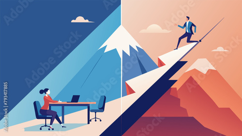 A splitscreen image of someone climbing a mountain on one side and sitting in a boardroom meeting on the other showcasing the dichotomy of work