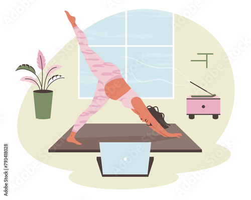 Pregnant woman doing yoga workout at home. Mom with belly practicing yoga exercises, pilates online on laptop. Pregnancy health, Lifestyle, bodycare concept. Home interior. Vector illustration