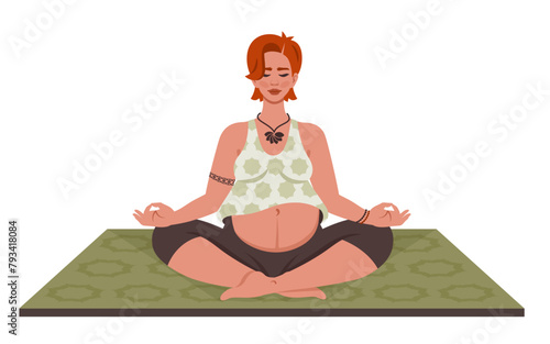 Pregnant yoga. Young Pregnant woman sitting in lotus pose. Female character doing meditation. Mother with belly doing yoga, meditating practice. Healthy lifestyle. Healthy lifestyle. Vector