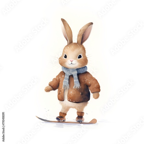 Watercolor illustration of a cute little rabbit on a snowboard. © hungryai