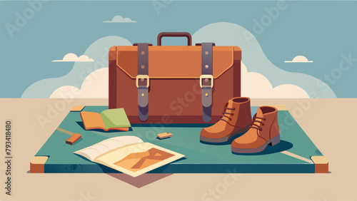 A worn leather suitcase sits open on a bed revealing neatly folded clothes and a small notebook with scribbled travel plans. Beside it a pair of