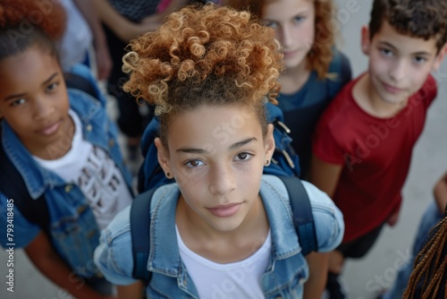 Top view of african american girl with curly hair looking at camera with group of students on background