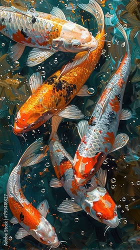 Five koi fish are swimming in a blue pond with green plants. The fish are orange, white, and black. The painting is in a realistic style.