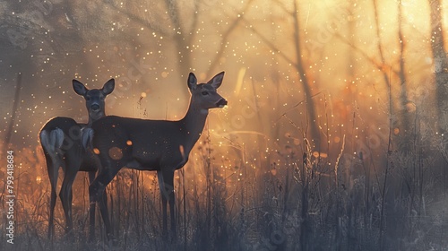 Two deer standing in a field of tall grass at sunrise