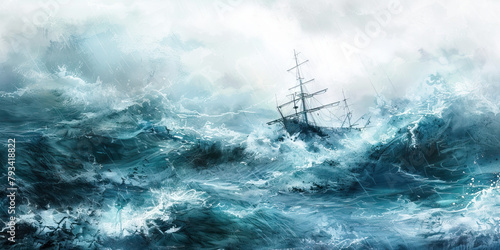Anguish: The Stormy Sea and Sinking Ship - Imagine a stormy sea with a ship sinking beneath the waves, illustrating the feeling of anguish and being overwhelmed photo