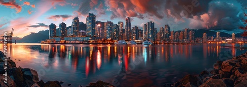 a panorama shot with the view city skyline and cityscape with the long skyscraper buildings at the back of the sea shoreline with rocks © DailyLifeImages
