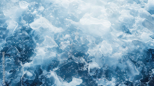 An upclose capture of snowdusted frozen water  its nontransparent surface appearing misty and opaque  bathed in serene shades of blue and white