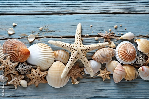 stock photo of a summer time concept with sea shells and starfish on a blue wooden background Generative AI