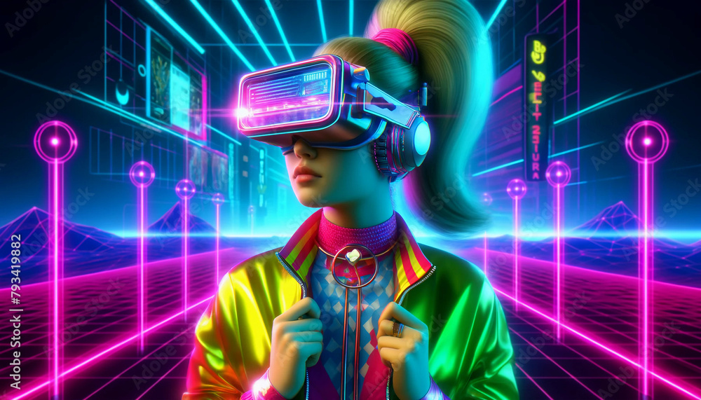 A retro girl in a science fiction setting, wearing virtual reality glasses A retro girl in a science fiction setting, wearing virtual reality glasses