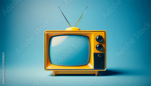 A vintage 1970s television set in a bright yellow color against a blue background