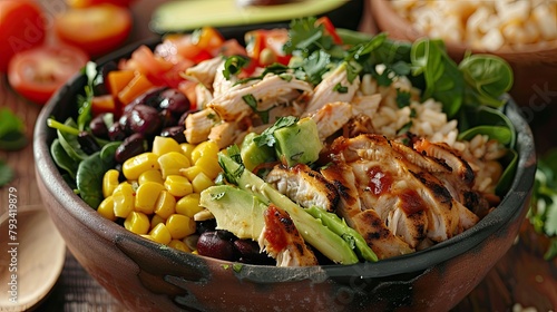 Indulge in a delightful homemade Mexican chicken burrito bowl brimming with flavorful rice beans corn juicy tomato creamy avocado and fresh spinach a scrumptious taco salad lunch bowl await