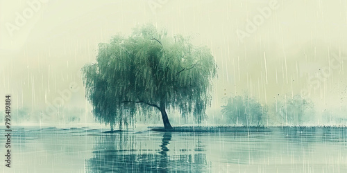 Sorrow: The Weeping Willow Tree and Heavy Rain - Picture a weeping willow tree in a heavy downpour, illustrating the feeling of sorrow and grief.
