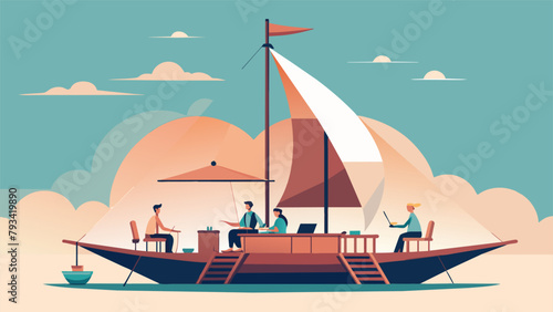 An old fashioned sailboat serves as a roaming work station as a team of entrepreneurs harness the wind and travel to exotic destinations while