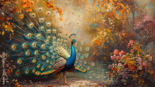 A painting of a peacock with its tail feathers spread in a colorful garden with autumn leaves and flowers.