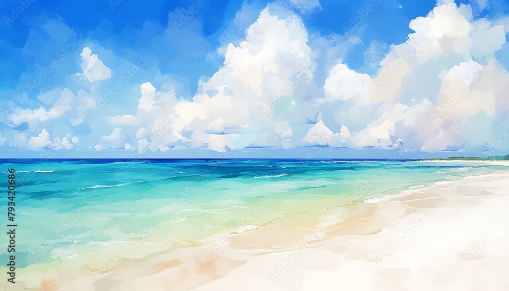 Create a watercolor-style landscape photo of 'Blue Sky, Sea, and White Sandy Beach