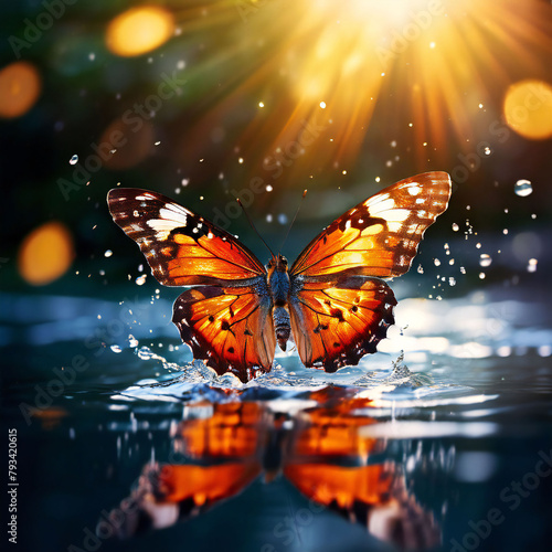 Butterfly on the sun rising with splash of water drops butterfly on surface of water with nature effect Digital Illustration Design.