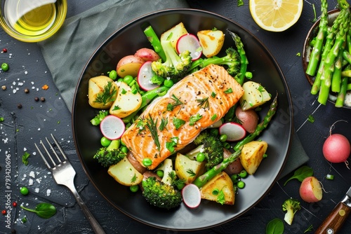 Salmon and potato salad with asparagus, broccoli and radish, top view - generative ai