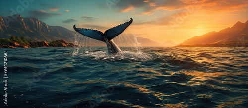 Photo of a blue whale tail over water in the sea at sunset Generative AI