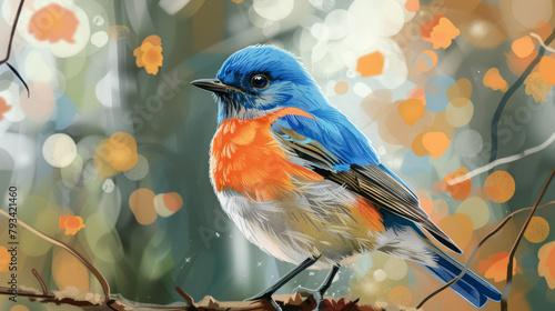 Digital art of a bluebird in an enchanting autumnal forest with bokeh lights.