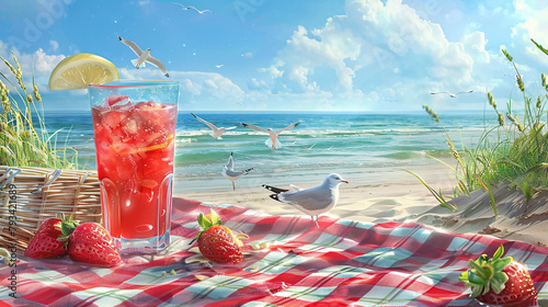 Strawberry juice with seagulls flying over sea