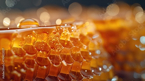 Golden Honeycomb Close-up with Dew